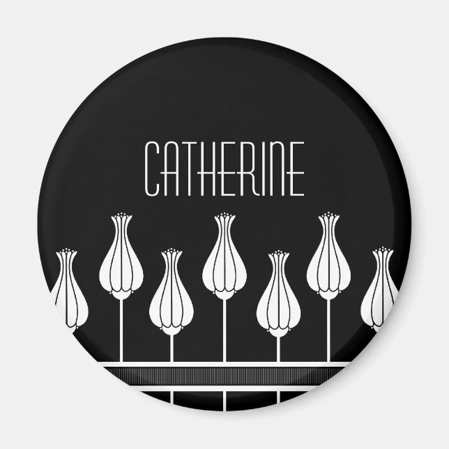 Black and White Art Deco Floral Magnet (Front)