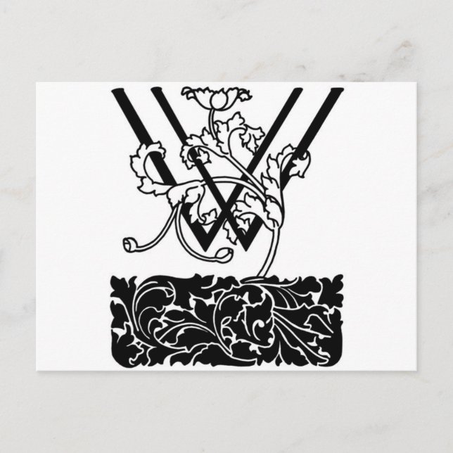 Black and White Art Deco Monogram W Floral Postcard (Front)