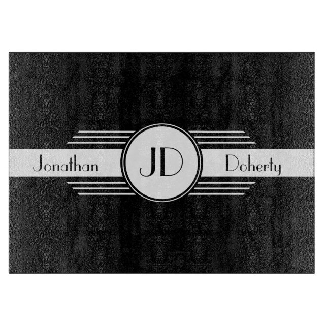 Black and White Art Deco Monogrammed Cutting Board (Front)