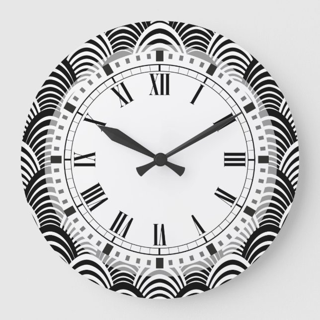 Black and White Art Deco Palm Frond Classic Large Clock (Front)