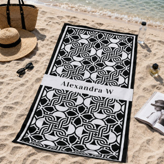 Black and White Art Deco Pattern Monogram Beach Towel