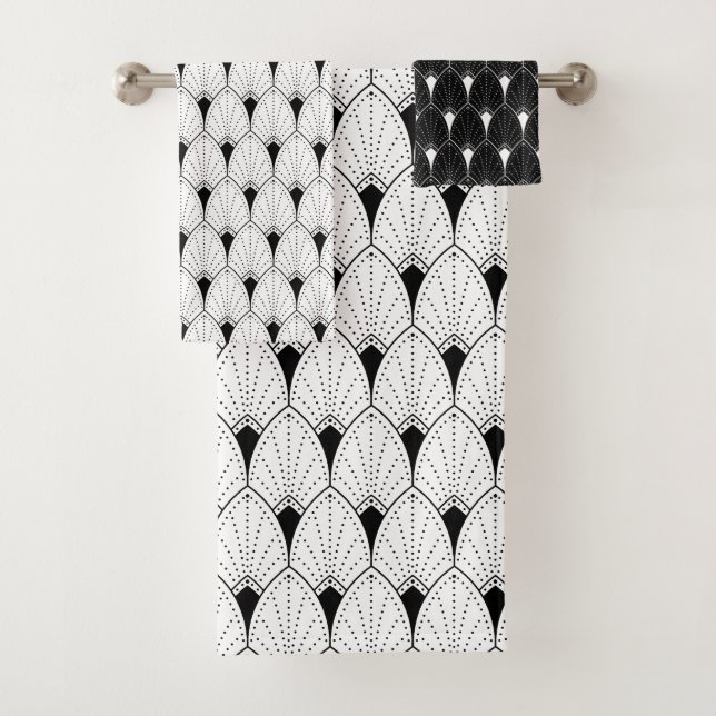 Black and white Art Deco pattern No.2 Bath Towel Set (Insitu)