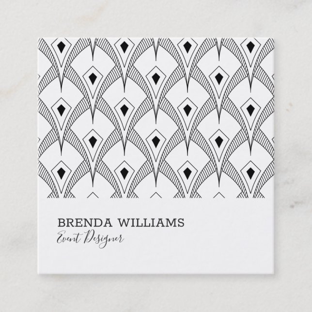 Black and white art-deco pattern square business card (Front)
