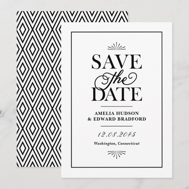 Black and White Art Deco Typography Save The Date (Front/Back)