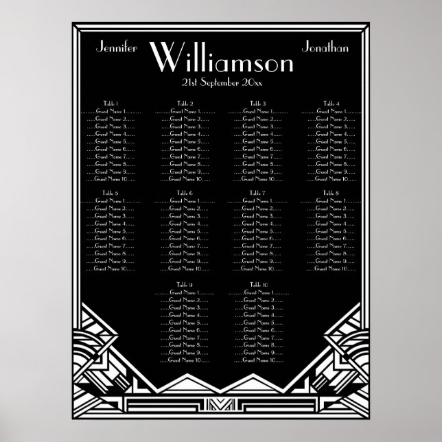 Black and White Art Deco Wedding Seating Chart (Front)