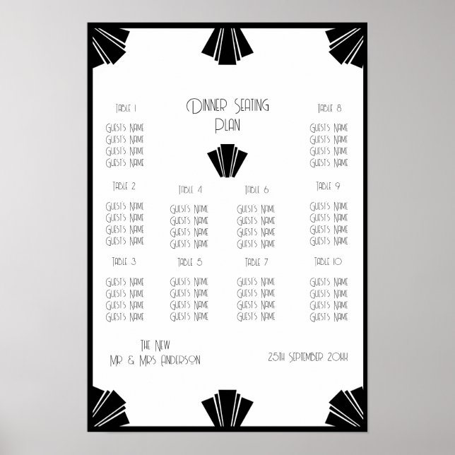 Black And White Art Deco Wedding Seating Poster (Front)