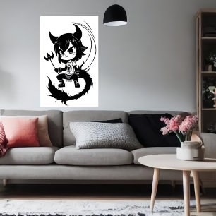 Black and White art young Devil girl    AI Art Poster