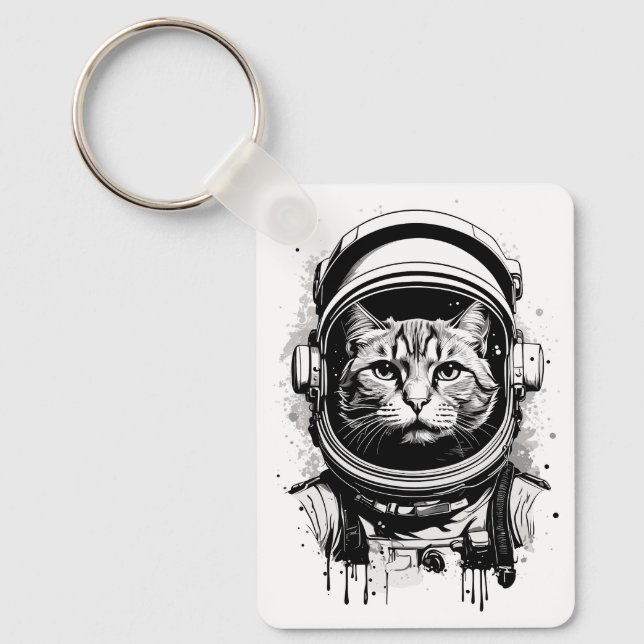 Black and White Astronaut Cat Keychain (Front)