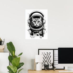 Black and White Astronaut Cat Poster