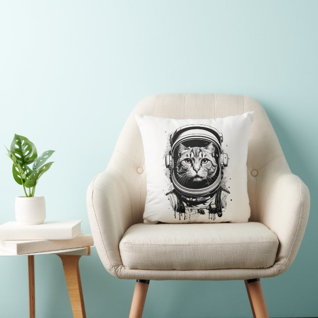 Black and White Astronaut Cat Throw Pillow (Chair)