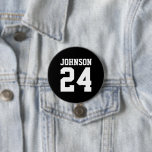 Black and White Athlete Name Jersey Number 3 Inch Round Button<br><div class="desc">Cheer on your favourite sports team, football player or just show off your school pride with a custom personalized spirit button! Add your school name or personalize with a player's name and jersey number. Perfect for football, basketball, baseball and soccer games! Create custom pins for the whole team, cheerleaders, parents...</div>