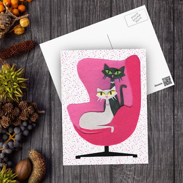 Black and White Atomic Cats Pink Chair Polka Dots Postcard (Creator Uploaded)