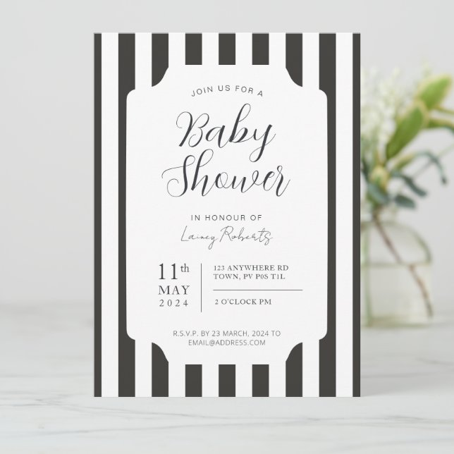 Black and White Awning Stripe Gender Neutral Invitation (Standing Front)