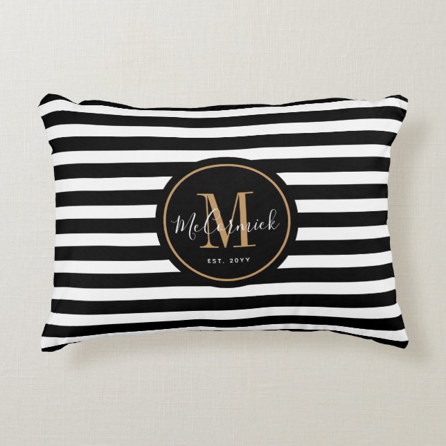 Black and White Awning Stripes Family Monogram Accent Pillow (Front)