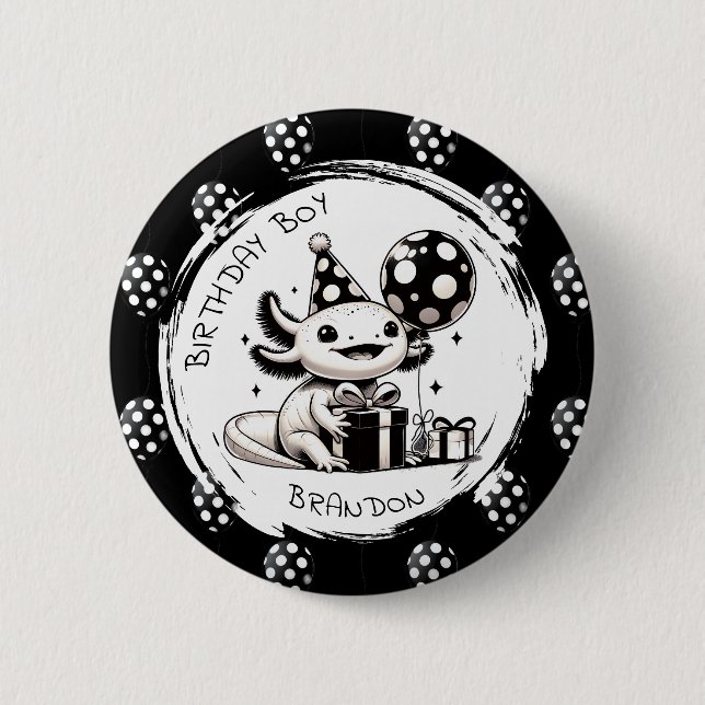 Black and White Axolotl & Balloons Birthday 2 Inch Round Button (Front)