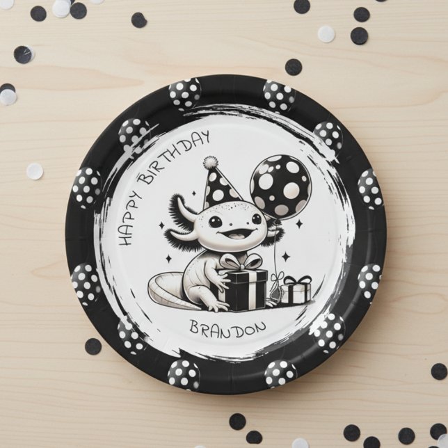 Black and White Axolotl & Balloons Birthday Paper Plate (Creator Uploaded)