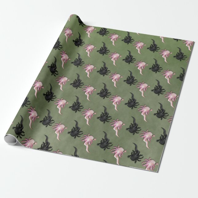 Black and White Axolotls Art Wrapping Paper (Unrolled)
