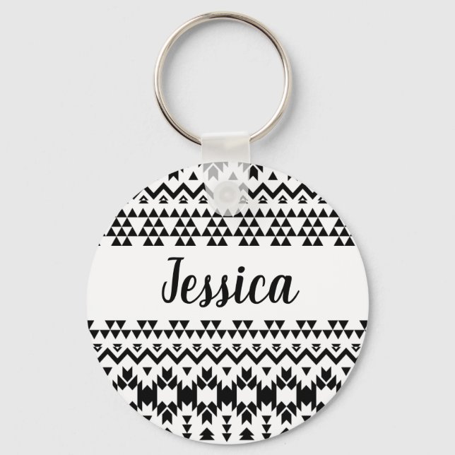 Black and White Aztec geometric vector pattern Keychain (Front)