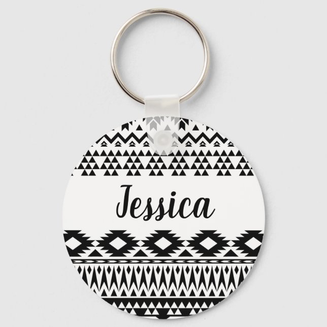 Black and White Aztec geometric vector pattern Keychain (Front)