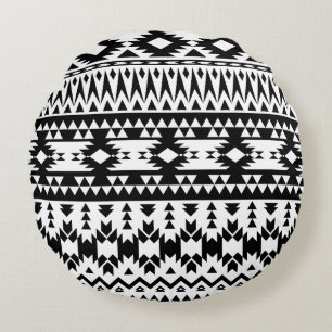 Black and White Aztec geometric vector pattern Round Pillow
