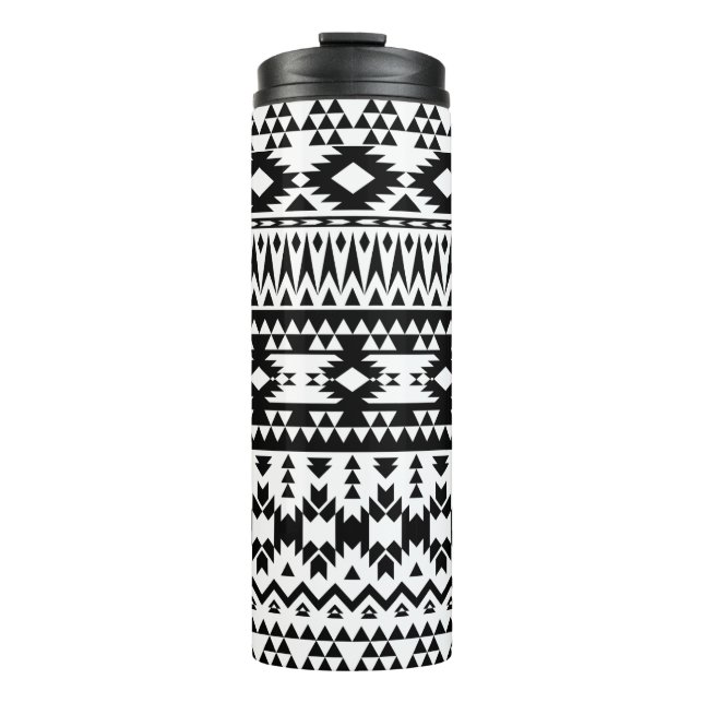 Black and White Aztec geometric vector pattern Thermal Tumbler (Front)