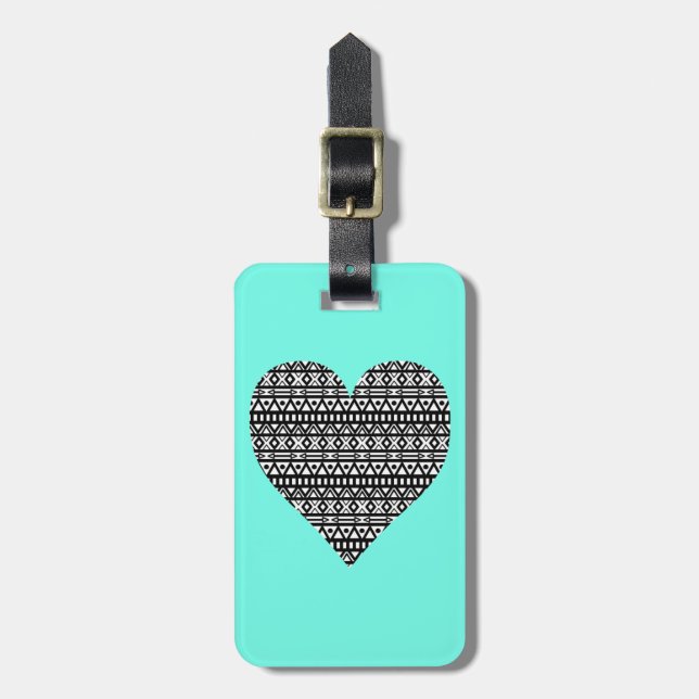 Black and White Aztec Heart Luggage Tag (Front Vertical)