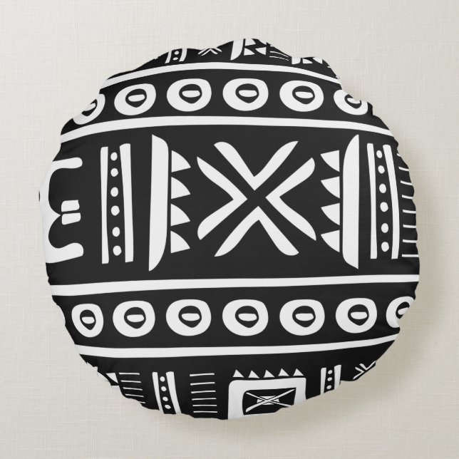 Black and White Aztec Print Round Throw Pillow (Back)