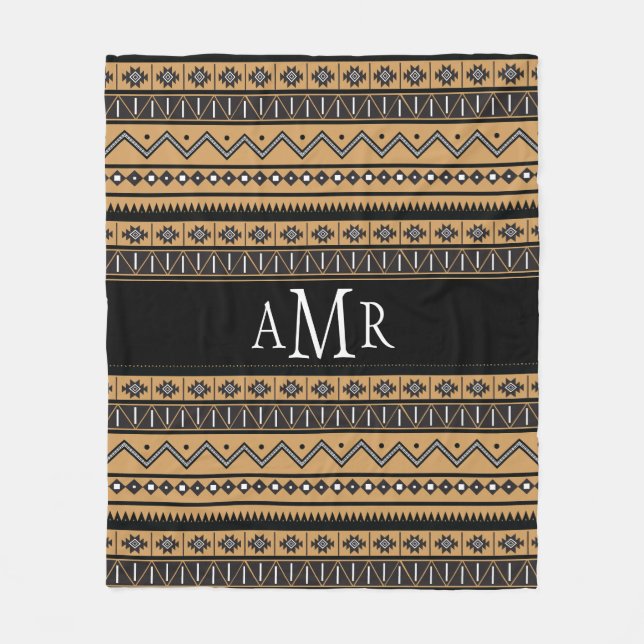 Black and White Aztec Tribal Patterned Monogram Fleece Blanket (Front)