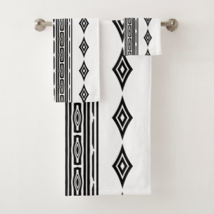 Black and White Aztec Tribal Striped Pattern Bath Towel Set