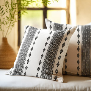 Black and White Aztec Tribal Striped Pattern Throw Pillow