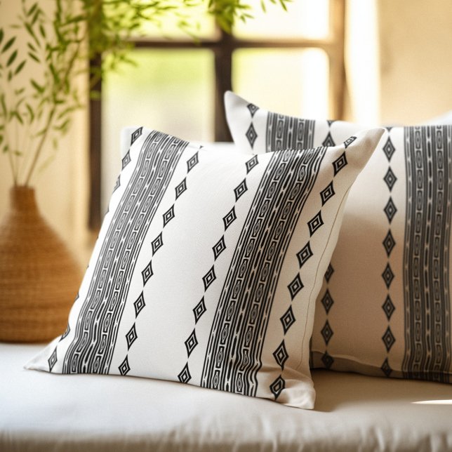 Black and White Aztec Tribal Striped Pattern Throw Pillow (Creator Uploaded)