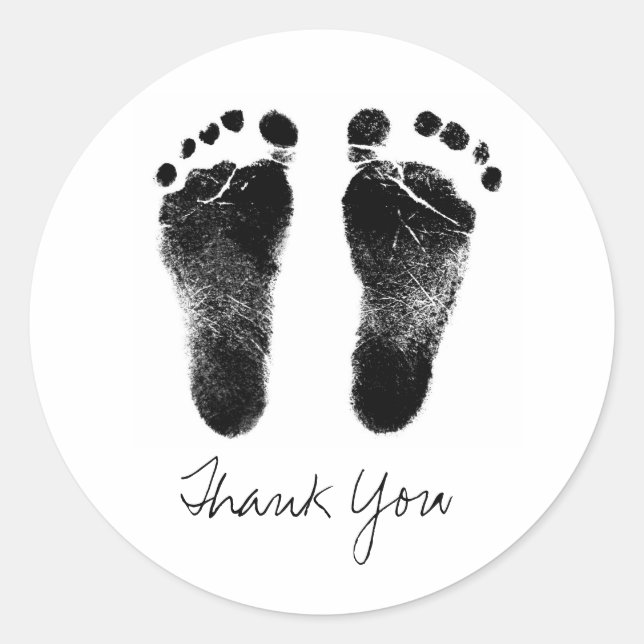 Black and White Baby Footprints Classic Round Sticker (Front)