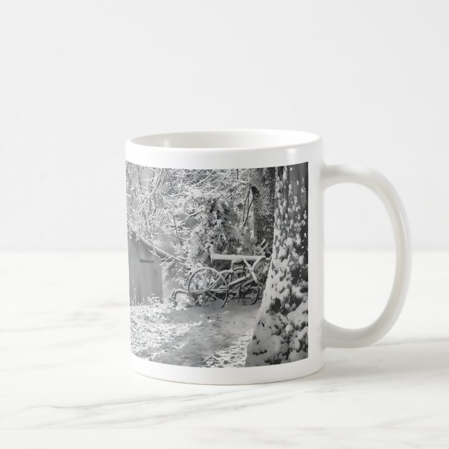 Black and White Backlit Rural Snow Scene Coffee Mug (Right)