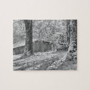 Black and White Backlit Rural Snow Scene Jigsaw Puzzle
