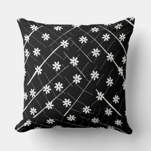 black and white banana leaf and flowers tropical throw pillow