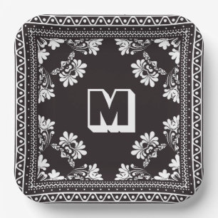 Black and White Bandana Design With Monogram Paper Plate