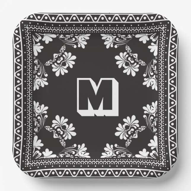 Black and White Bandana Design With Monogram Paper Plate (Front)