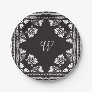 Black and White Bandana With Monogram Paper Plate
