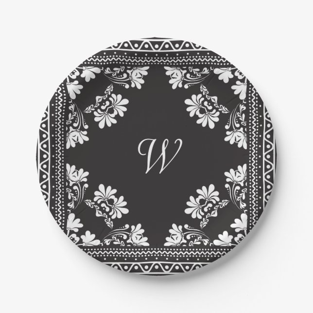 Black and White Bandana With Monogram Paper Plate (Front)