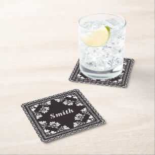 Black and White Bandanna Name Square Paper Coaster
