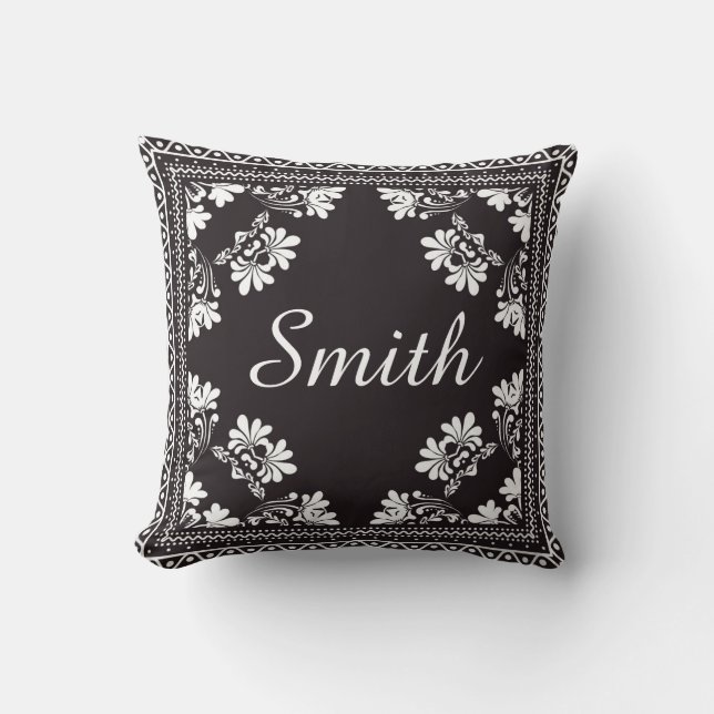 Black and White Bandanna With Name Throw Pillow (Front)