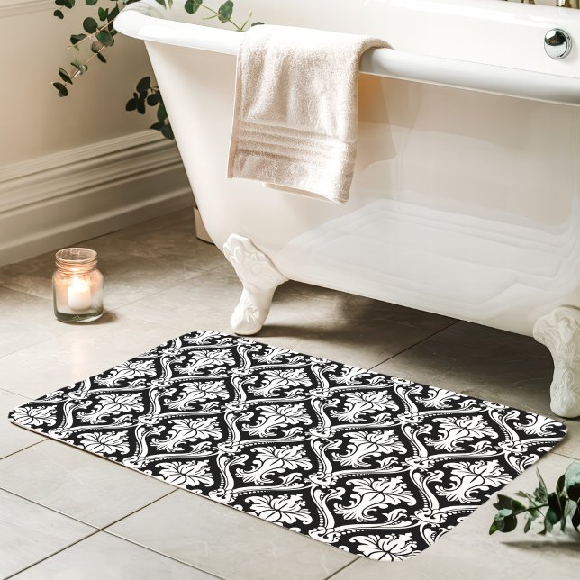 Black and White Baroque Damask Pattern Bath Mat (Creator Uploaded)