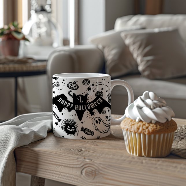 Black And White Bat Halloween Lineart  Two-Tone Coffee Mug (Creator Uploaded)