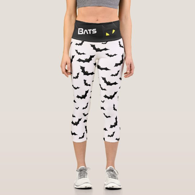 Black and White Bats iconic Halloween Silhouettes Capri Leggings (Front)
