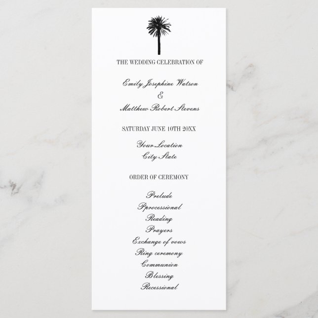Black and white beach wedding ceremony program (Front)