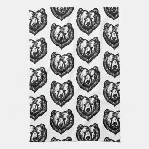 Black and White Bear's Face Ink Drawing Kitchen Towel