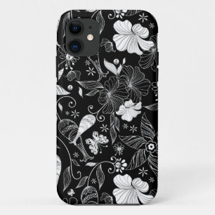 Black and white beautiful retro flowers pattern iPhone 11 case