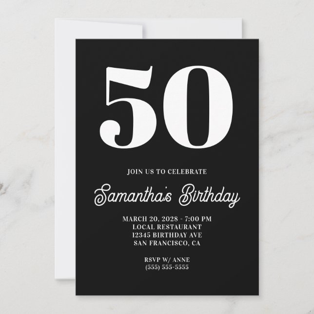 Black and White Big  Number 50th Birthday Invitation (Front)