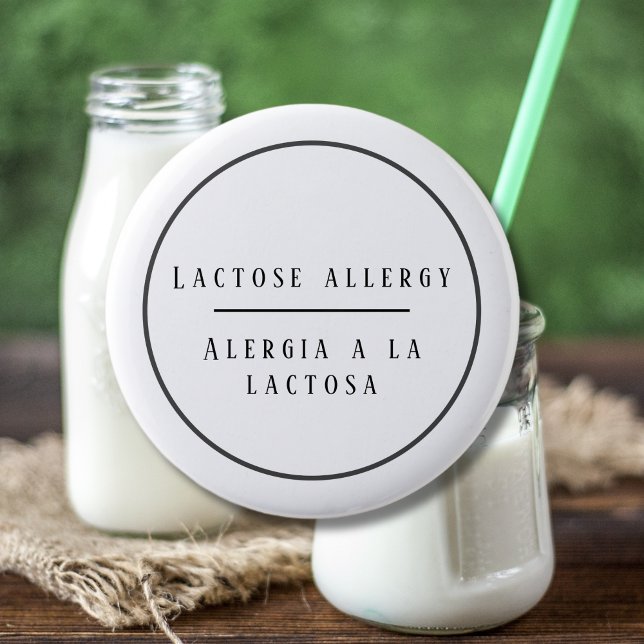 Black and White Bilingual Allergy Alert to Lactose 2 Inch Round Button (Bilingual Lactose allergy warning button. bilingual & editable text. multilingual project)
