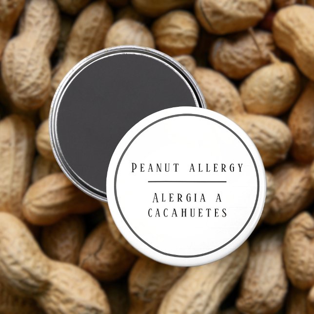 Black and White Bilingual Peanut Allergy Alert Magnet (Bilingual peanut allergy warning magnet bilingual editable text multilingual project)